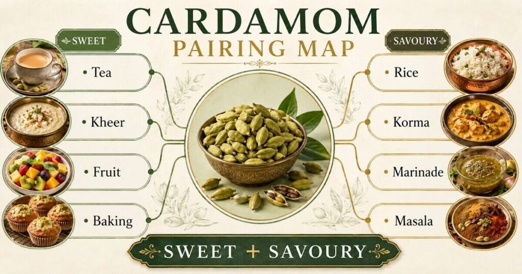 Infographic mapping cardamom pairings in sweet and savoury foods