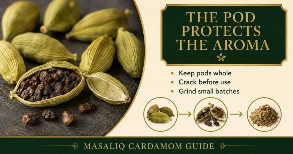 Infographic explaining why cardamom pods should stay whole until use