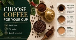 Infographic explaining how to choose coffee powder for bold, full-bodied or convenient coffee