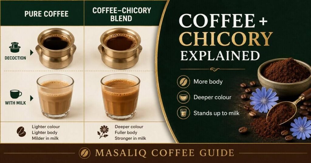 Infographic comparing pure coffee with a coffee and chicory blend in milk