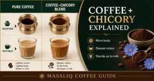Infographic comparing pure coffee with a coffee and chicory blend in milk