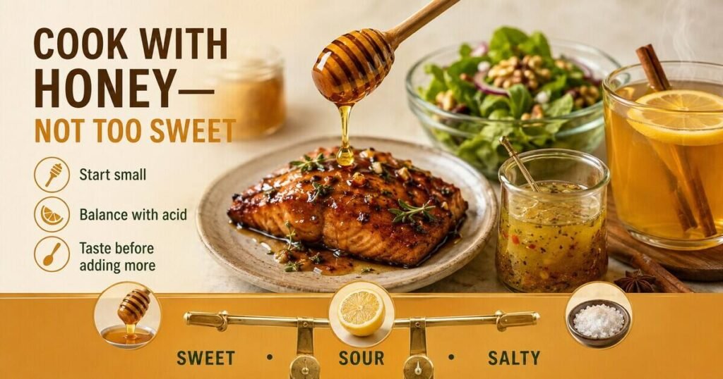Infographic showing how to balance honey with acid and salt while cooking