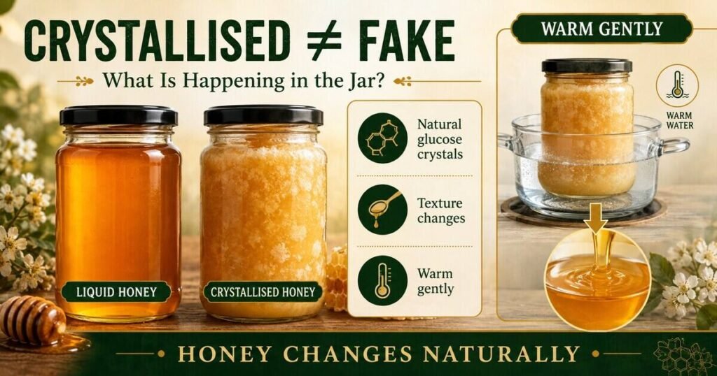 Infographic comparing liquid and naturally crystallised honey