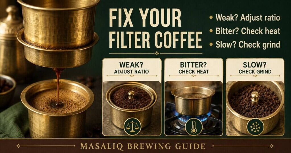 Infographic showing how to fix weak, bitter or slow South Indian filter coffee