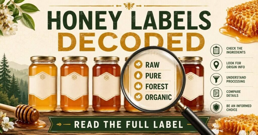 Infographic explaining raw, pure, forest and organic terms on honey labels