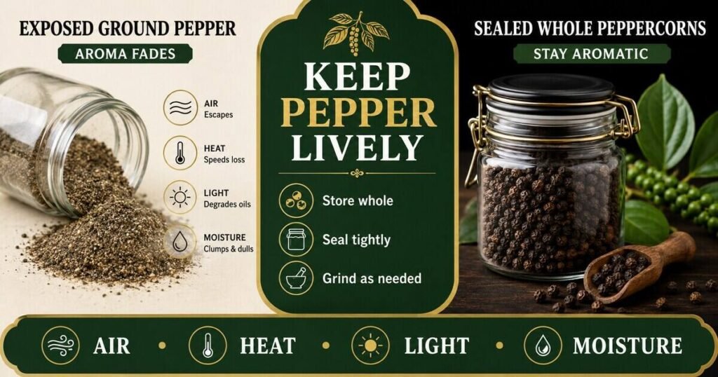 Infographic showing how air, heat, light and moisture reduce black pepper aroma