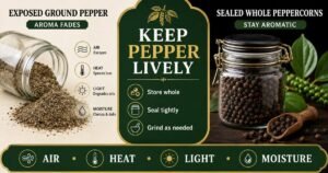 Infographic showing how air, heat, light and moisture reduce black pepper aroma