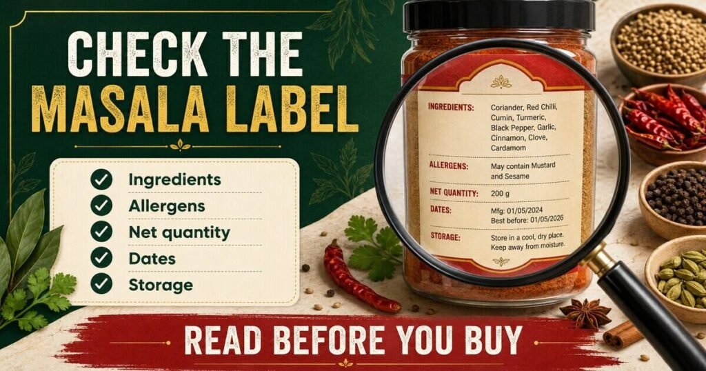 Infographic checklist for ingredients, allergens, quantity, dates and storage on a masala label
