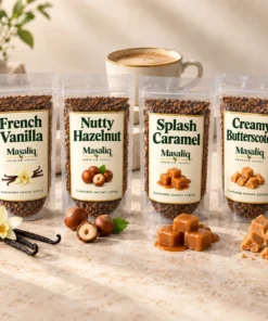 Masaliq flavoured coffee discovery bundle with French Vanilla, Nutty Hazelnut, Splash Caramel and Creamy Butterscotch