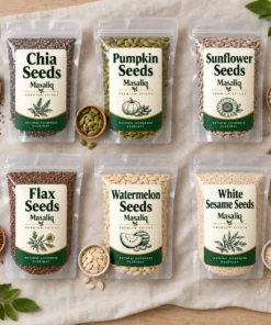 Masaliq everyday seeds bundle with chia, pumpkin, sunflower, flax, watermelon and white sesame seeds