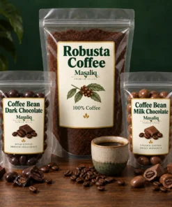 Masaliq coffee and chocolate bundle with Robusta coffee, dark chocolate and milk chocolate coffee beans