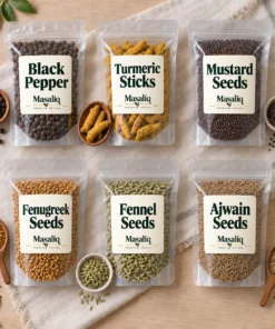 Masaliq everyday cooking spice bundle with black pepper, turmeric, mustard, fenugreek, fennel and ajwain