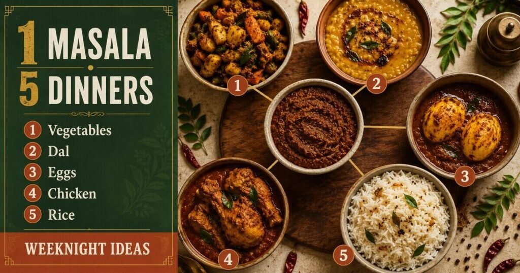 Infographic showing five weeknight dinner ideas using one Coorg-style masala