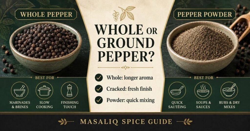 Infographic comparing whole black pepper, cracked pepper and pepper powder