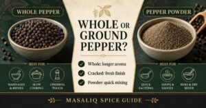 Infographic comparing whole black pepper, cracked pepper and pepper powder